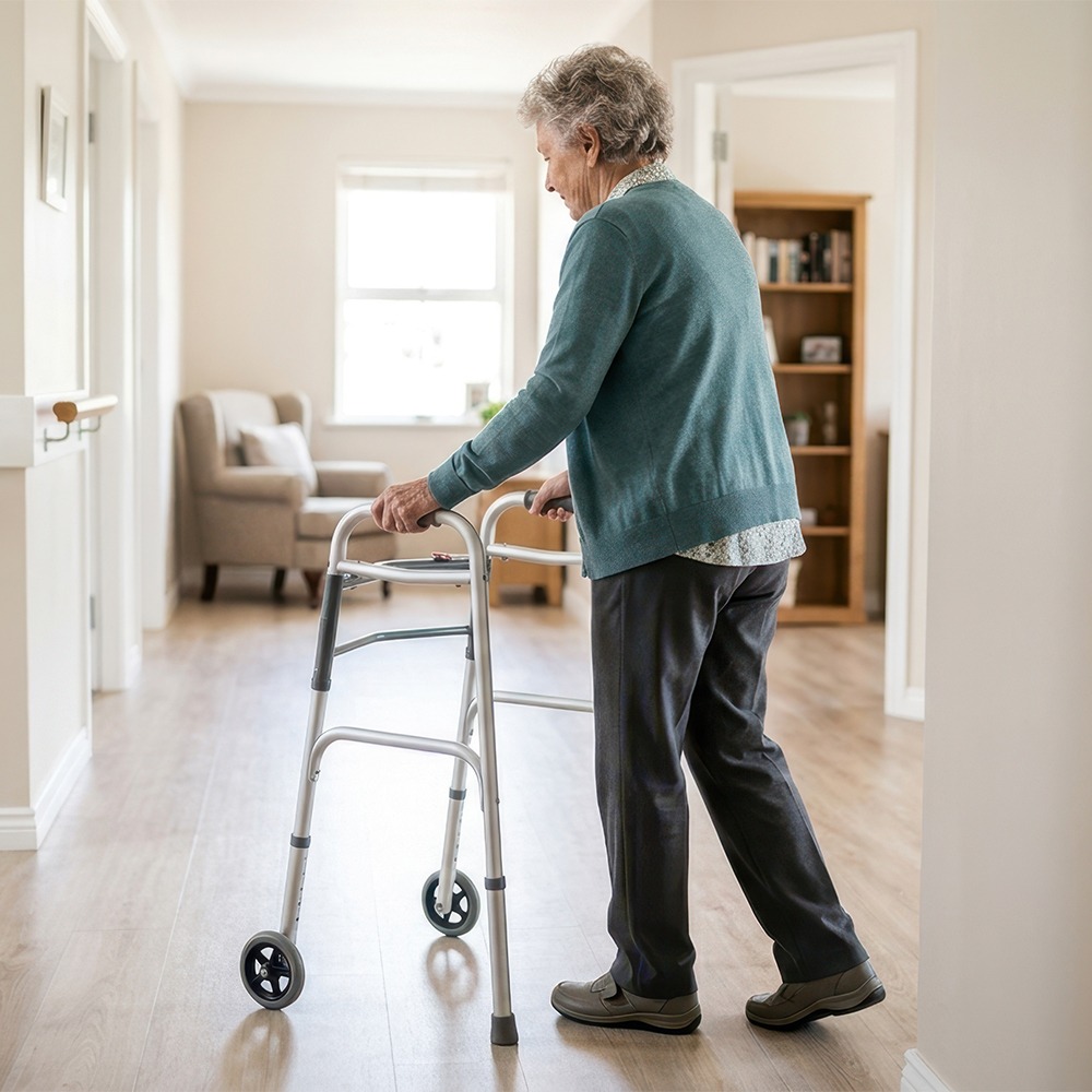 Elderly woman using walker for Parkinson mobility support. Millercare.